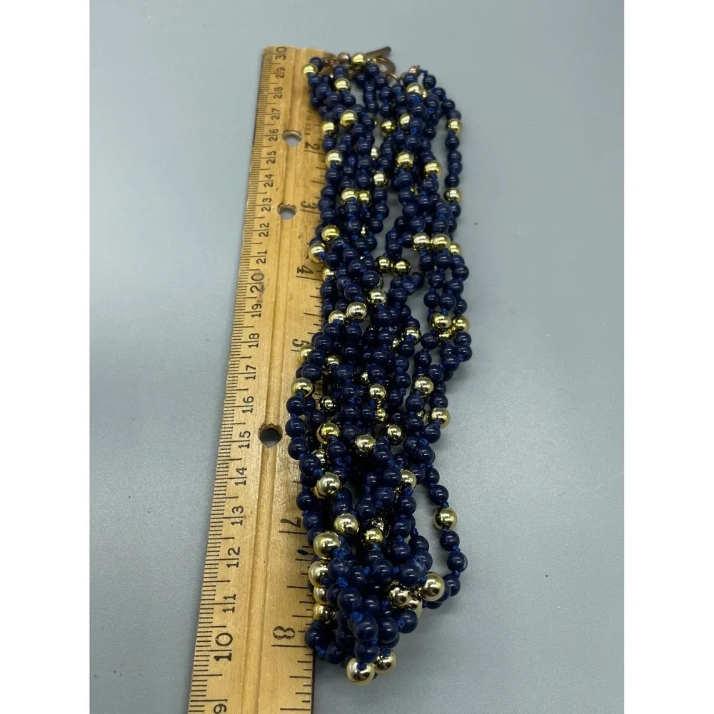 Multi Strand Beaded Necklace Navy Blue Gold Tone Toggle Clasp 17in